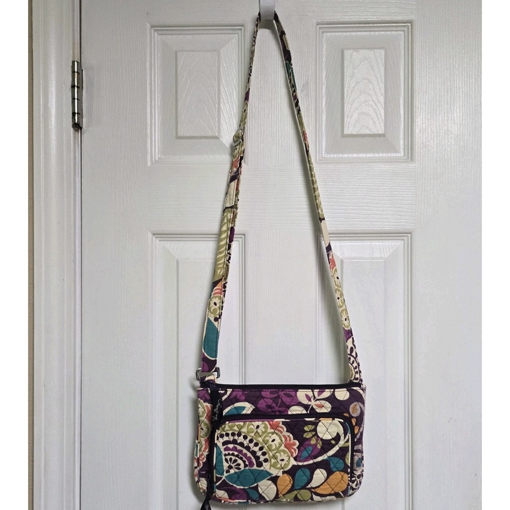 Vera Bradley Crossbody Bag Batik Leaves Zip Close Adjust Strap Purple Immaculate